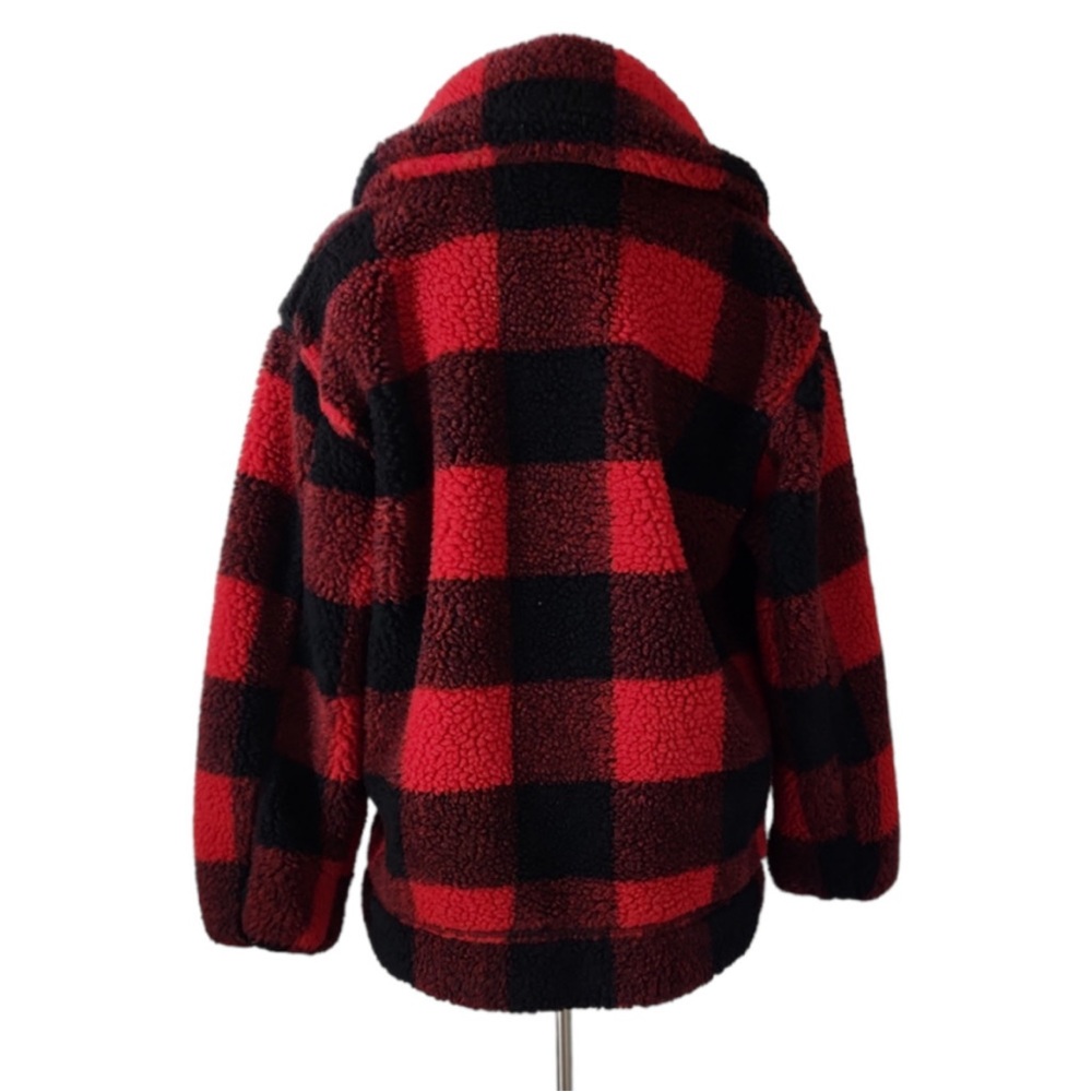 Roots Canada Sherpa Fleece Zip-Up Jacket XS Red Black Buffalo Plaid Lined Pocket - Picture 2 of 7